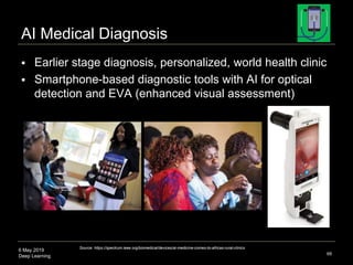 6 May 2019
Deep Learning
AI Medical Diagnosis
 Earlier stage diagnosis, personalized, world health clinic
 Smartphone-based diagnostic tools with AI for optical
detection and EVA (enhanced visual assessment)
68
Source: https://spectrum.ieee.org/biomedical/devices/ai-medicine-comes-to-africas-rural-clinics
 