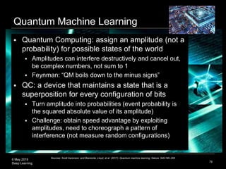 6 May 2019
Deep Learning
Quantum Machine Learning
79
 Quantum Computing: assign an amplitude (not a
probability) for possible states of the world
 Amplitudes can interfere destructively and cancel out,
be complex numbers, not sum to 1
 Feynman: “QM boils down to the minus signs”
 QC: a device that maintains a state that is a
superposition for every configuration of bits
 Turn amplitude into probabilities (event probability is
the squared absolute value of its amplitude)
 Challenge: obtain speed advantage by exploiting
amplitudes, need to choreograph a pattern of
interference (not measure random configurations)
Sources: Scott Aaronson; and Biamonte, Lloyd, et al. (2017). Quantum machine learning. Nature. 549:195–202.
 