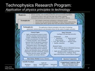 6 May 2019
Deep Learning
Technophysics Research Program:
Application of physics principles to technology
97
Econophysics
Biophysics • Disease causality: role of cellular dysfunction and environmental degradation
• Concentration limits in short and long range inter-cellular signaling
• Boltzmann distribution and diffusion limits in RNAi and SiRNA delivery
• Path integrals extend point calculations in dynamical systems
• General (not only specialized) Schrödinger for Black Scholes option pricing
• Quantum game theory (greater than fixed sum options), Quantum finance
Smart Networks
(intelligent self-operating networks)
Technologies Tools
• Smart network
field theory
• Optimal control
theory
• Blockchain
• Deep Learning
• UAV, HFT, RTB, IoT
• Satellite, nanorobot
Steam
Light and
ElectromagneticsMechanics Information
21c20c18-19c16-17c
Scientific Paradigms Computational Complexity, Black
Holes, and Quantum Gravity
(Aaronson, Susskind, Zenil)
General Topics
Quantum Computation
• Apply renormalization group to system
criticality and phase transition detection
(Aygun, Goldenfeld) and extend tensor
network renormalization (Evenbly, Vidal)
• Unifying principles: same probability
functions used for spin glasses (statistical
physics), error-correcting (LDPC) codes
(information theory), and randomized
algorithms (computer science) (Mézard)
• Define relationships between statistical
physics and information theory: generalized
temperature and Fisher information, partition
functions and free energy, and Gibbs’
inequality and entropy (Merhav)
• Apply complexity theory to blockchain and deep
learning (dos Santos)
• Apply spin glass models to blockchain and deep
learning (LeCun, Auffinger, Stein)
• Apply deep learning to particle physics (Radovic)
Research Topics
Data Science Method: Science Modules
Technophysics The application of physics principles to the study of technology
(particularly statistical physics and information theory for the control of complex networks)
 