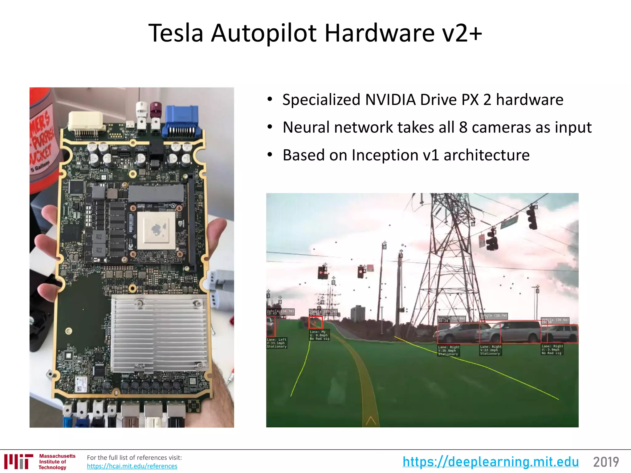 2019https://deeplearning.mit.eduFor the full list of references visit:
https://hcai.mit.edu/references
Tesla Autopilot Hardware v2+
• Specialized NVIDIA Drive PX 2 hardware
• Neural network takes all 8 cameras as input
• Based on Inception v1 architecture
 