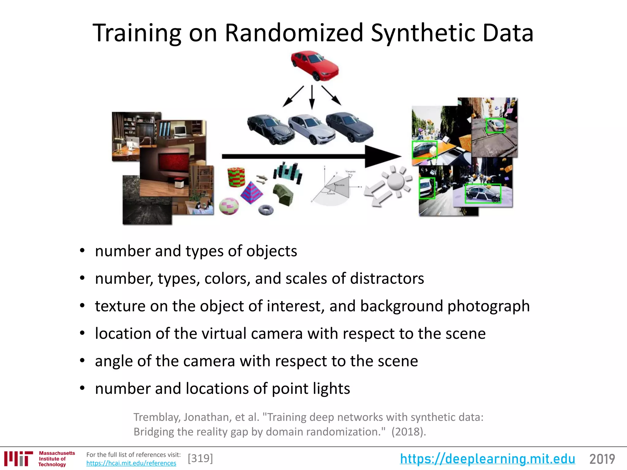 2019https://deeplearning.mit.eduFor the full list of references visit:
https://hcai.mit.edu/references
Training on Randomized Synthetic Data
[319]
• number and types of objects
• number, types, colors, and scales of distractors
• texture on the object of interest, and background photograph
• location of the virtual camera with respect to the scene
• angle of the camera with respect to the scene
• number and locations of point lights
Tremblay, Jonathan, et al. "Training deep networks with synthetic data:
Bridging the reality gap by domain randomization." (2018).
 
