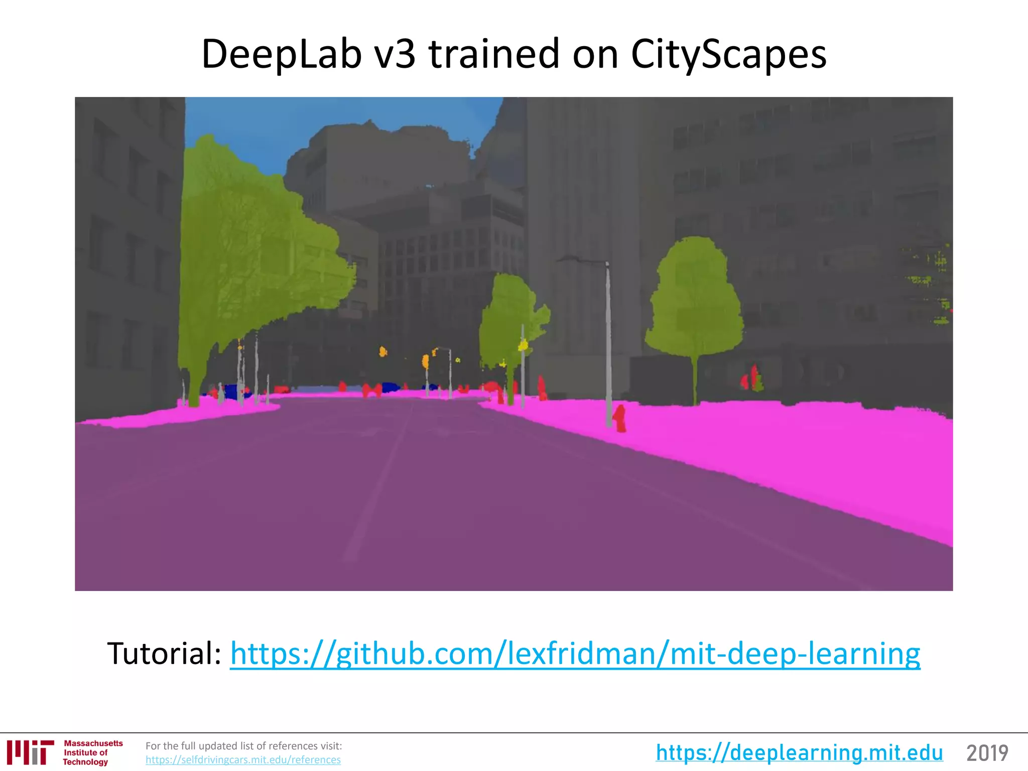 2019https://deeplearning.mit.eduFor the full updated list of references visit:
https://selfdrivingcars.mit.edu/references
DeepLab v3 trained on CityScapes
Tutorial: https://github.com/lexfridman/mit-deep-learning
 