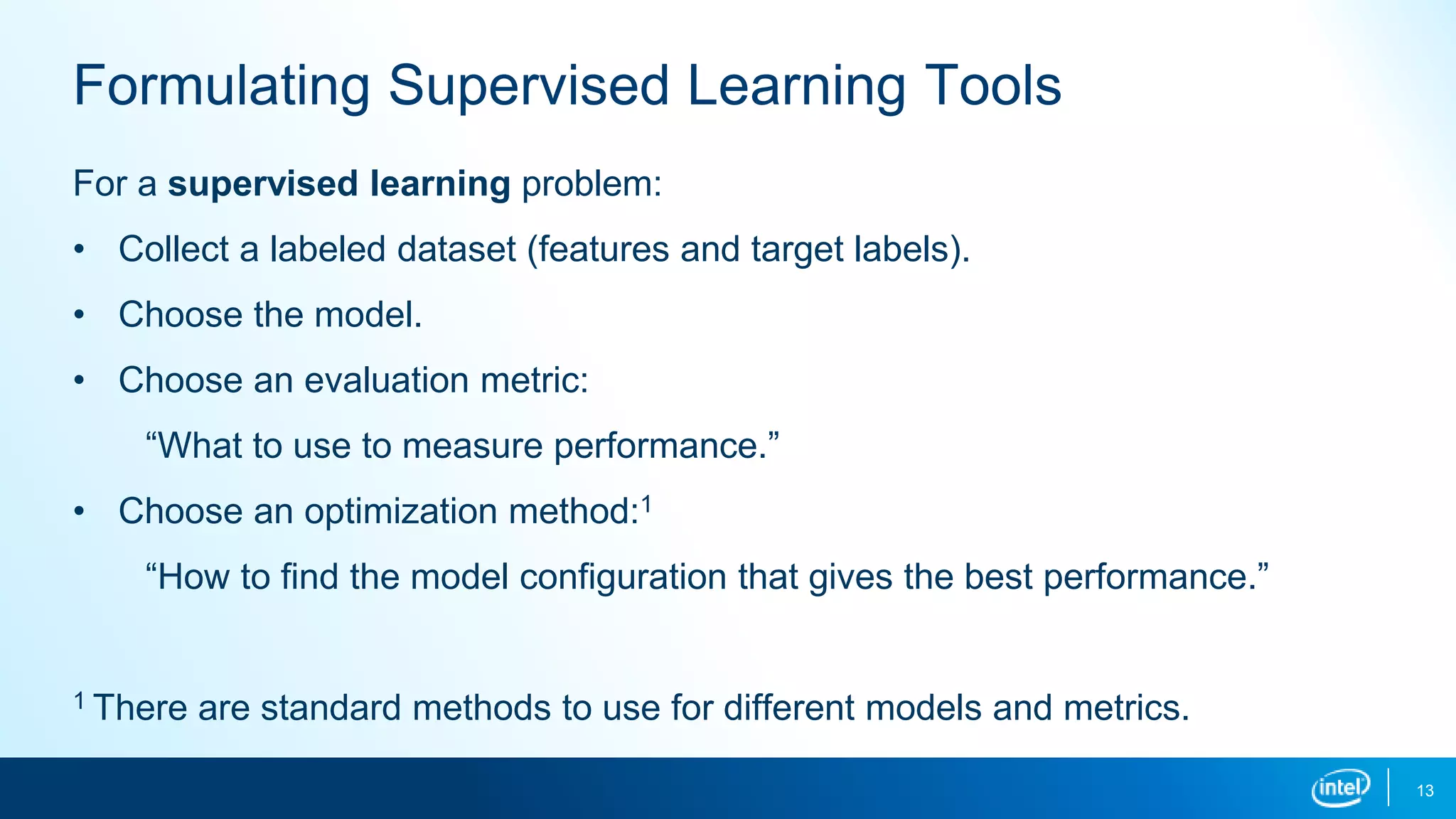 Formulating Supervised Learning Tools
13
For a supervised learning problem:
• Collect a labeled dataset (features and target labels).
• Choose the model.
• Choose an evaluation metric:
“What to use to measure performance.”
• Choose an optimization method:1
“How to find the model configuration that gives the best performance.”
1 There are standard methods to use for different models and metrics.
 