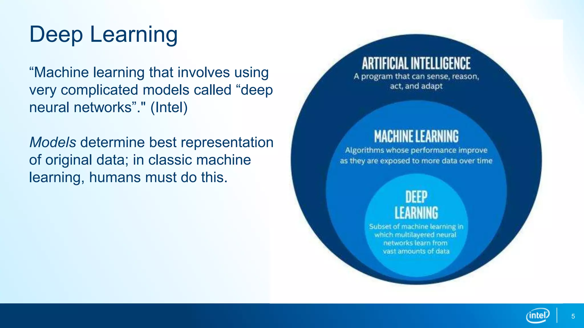 5
Deep Learning
“Machine learning that involves using
very complicated models called “deep
neural networks”." (Intel)
Models determine best representation
of original data; in classic machine
learning, humans must do this.
 