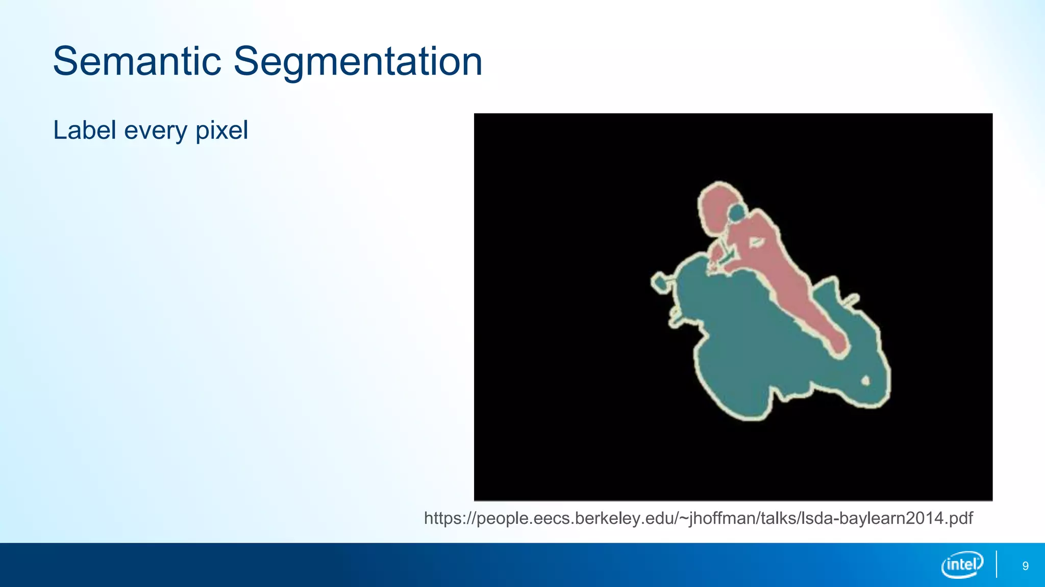 9
Semantic Segmentation
Label every pixel
https://people.eecs.berkeley.edu/~jhoffman/talks/lsda-baylearn2014.pdf
 