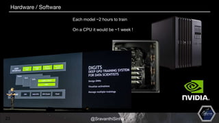 23
Hardware / Software
Each model ~2 hours to train
On a CPU it would be ~1 week !
@SravanthiSinha
 