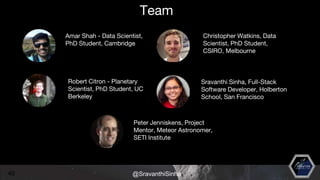 Amar Shah - Data Scientist,
PhD Student, Cambridge
Robert Citron - Planetary
Scientist, PhD Student, UC
Berkeley
Christopher Watkins, Data
Scientist, PhD Student,
CSIRO, Melbourne
Sravanthi Sinha, Full-Stack
Software Developer, Holberton
School, San Francisco
Peter Jenniskens, Project
Mentor, Meteor Astronomer,
SETI Institute
40
Team
@SravanthiSinha
 