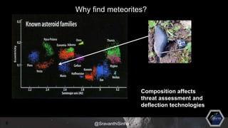 8
Composition affects
threat assessment and
deflection technologies
Why find meteorites?
@SravanthiSinha
 