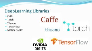 DeepLearning Libraries
 Caffe
 Torch
 Theano
 TensorFlow
 NDIVA DIGIT
 
