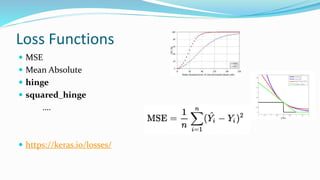 Loss Functions
 MSE
 Mean Absolute
 hinge
 squared_hinge
….
 https://keras.io/losses/
 