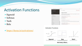 Activation Functions
 Sigmoid
 Softmax
 Tanh
 Relu
 https://keras.io/activations/
 