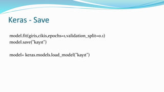 Keras - Save
model.fit(giris,cikis,epochs=1,validation_split=0.1)
model.save("kayıt")
model= keras.models.load_model("kayıt")
 