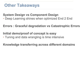 System Design vs Component Design
• Deep Learning shines when optimized End 2 End
Errors : Graceful degradation vs Catastrophic Errors
Initial demo/proof of concept is easy
• Tuning and data wrangling is time intensive
Knowledge transferring across different domains
Other Takeaways
 