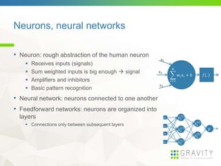 Neurons, neural networks
• Neuron: rough abstraction of the human neuron
 Receives inputs (signals)
 Sum weighted inputs is big enough  signal
 Amplifiers and inhibitors
 Basic pattern recognition
• Neural network: neurons connected to one another
• Feedforward networks: neurons are organized into
layers
 Connections only between subsequent layers
𝑦
𝑥1
𝑥2
𝑥3
𝑥4
𝑓(. )
𝑖=1
𝑁
𝑤𝑖 𝑥𝑖 + 𝑏
𝑥1
𝑥2
𝑥3
ℎ1
1
ℎ2
1
ℎ3
1
ℎ1
2
ℎ2
2
 