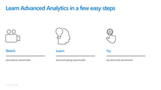 © Microsoft Corporation
Learn Advanced Analytics in a few easy steps
Watch
aka.webinar placeholder
Try
aka.demoSite placeholder
Learn
aka.landingPage placeholder
 
