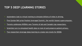 TOP 5 DEEP LEARNING STORIES
1. Automakers look to virtual training to simulate billions of miles in driving.
2. Five Gordon Bell prize finalists leveraged Summit, the world's fastest supercomputer.
3. Toronto celebrates NVIDIA's new Toronto AI lab and Canada's top researchers.
4. Scientists turn to simulated health data to train AI and preserve patient privacy.
5. Two researchers leverage deep learning to create new levels for DOOM.
 