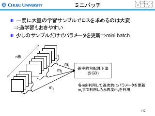 ミニバッチ
一度に大量の学習サンプルでロスを求めるのは大変
⇒過学習もおきやすい
少しのサンプルだけでパラメータを更新⇒mini batch
確率的勾配降下法
(SGD)
m1
m2
mk
各mを利用して逐次的にパラメータを更新
mkまで利用したら再度m1を利用
n枚
112
 