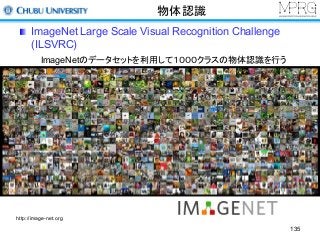 物体認識
ImageNet Large Scale Visual Recognition Challenge
(ILSVRC)
ImageNetのデータセットを利用して１０００クラスの物体認識を行う
http://image-net.org
135
 