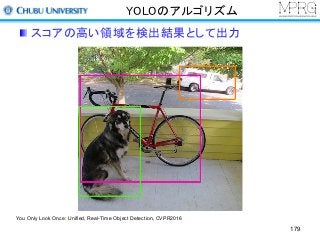 YOLOのアルゴリズム
スコアの高い領域を検出結果として出力
You Only Look Once: Unified, Real-Time Object Detection, CVPR2016
179
 