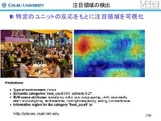 注目領域の検出
特定のユニットの反応をもとに注目領域を可視化
258http://places.csail.mit.edu
 