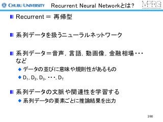 Recurrent Neural Networkとは?
Recurrent ＝ 再帰型
系列データを扱うニューラルネットワーク
系列データ＝音声，言語，動画像，金融相場・・・
など
データの並びに意味や規則性があるもの
D1, D2, D3, ・・・, DT
系列データの文脈や関連性を学習する
系列データの要素ごとに推論結果を出力
260
 