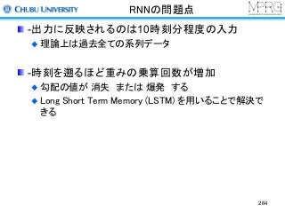 RNNの問題点
-出力に反映されるのは10時刻分程度の入力
理論上は過去全ての系列データ
-時刻を遡るほど重みの乗算回数が増加
勾配の値が 消失 または 爆発 する
Long Short Term Memory (LSTM) を用いることで解決で
きる
264
 