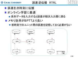 誤差逆伝播 RTRL
誤差を次時刻に伝播
オンライン学習に最適
系列データを入力すると誤差が順次入力層に戻る
メモリ効率がBPTTより良い
前時刻でのユニット間の誤差を記憶しておく必要がない
276
 
