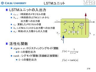 LSTMユニット
LSTMユニットの入出力
𝑐&34 : 1時刻前のメモリセルの値
ℎ&34 : 1時刻前のLSTMユニットから
出力層への出力値
𝑐&	: 更新したメモリセルの値
ℎ& :	LSTMユニットから出力層への出力値
𝑎& :		時刻𝑡の入力層からの入力値
活性化関数
𝑠𝑖𝑔𝑚 = 𝜎 :	ロジスティックシグモイド関数
0~1の値を出力
𝑡𝑎𝑛ℎ : シグモイド関数(双曲線正接関数)
-1~1の値を出力
279
𝑓 𝑢 =
1
1 + 𝑒3f
𝑓 𝑢 = tanh	( 𝑢)
 