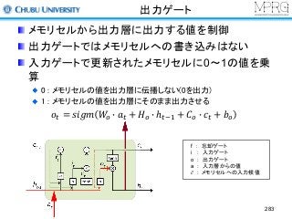 出力ゲート
メモリセルから出力層に出力する値を制御
出力ゲートではメモリセルへの書き込みはない
入力ゲートで更新されたメモリセルに0～1の値を乗
算
0 : メモリセルの値を出力層に伝播しない(0を出力)
1 : メモリセルの値を出力層にそのまま出力させる
𝑜& = 𝑠𝑖𝑔𝑚 𝑊u o 𝑎& + 𝐻u o ℎ&34 + 𝐶u o 𝑐& + 𝑏u
283
f ： 忘却ゲート
i : 入力ゲート
o : 出力ゲート
a : 入力層からの値
𝑐̃ : メモリセルへの入力候値
 