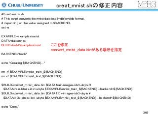 creat_mnist.shの修正内容
#!/usr/bin/env sh
# This script converts the mnist data into lmdb/leveldb format,
# depending on the value assigned to $BACKEND.
set -e
EXAMPLE=examples/mnist
DATA=data/mnist
BUILD=build/examples/mnist
BACKEND="lmdb"
echo "Creating ${BACKEND}..."
rm -rf $EXAMPLE/mnist_train_${BACKEND}
rm -rf $EXAMPLE/mnist_test_${BACKEND}
$BUILD/convert_mnist_data.bin $DATA/train-images-idx3-ubyte ¥
$DATA/train-labels-idx1-ubyte $EXAMPLE/mnist_train_${BACKEND} --backend=${BACKEND}
$BUILD/convert_mnist_data.bin $DATA/t10k-images-idx3-ubyte ¥
$DATA/t10k-labels-idx1-ubyte $EXAMPLE/mnist_test_${BACKEND} --backend=${BACKEND}
echo "Done."
ここを修正
convert_mnist_data.binがある場所を指定
366
 