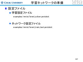 学習ネットワークの準備
設定ファイル
学習設定ファイル
examples/mnist/lenet_solver.prototxt
ネットワーク設定ファイル
examples/mnist/lenet_train_test.prototxt
367
 