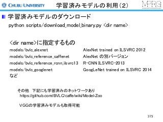 学習済みモデルの利用（２）
学習済みモデルのダウンロード
python scripts/download_model_binary.py <dir name>
<dir name>に指定するもの
models/bvlc_alexnet AlexNet trained on ILSVRC 2012
models/bvlc_reference_caffenet AlexNet の別バージョン
models/bvlc_reference_rcnn_ilsvrc13 R-CNN ILSVRC-2013
models/bvlc_googlenet GoogLeNet trained on ILSVRC 2014
など
その他 下記にも学習済みのネットワークあり
https://github.com/BVLC/caffe/wiki/Model-Zoo
VGGの学習済みモデルも取得可能
373
 