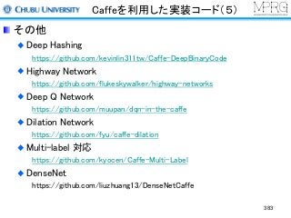 Caffeを利用した実装コード（５）
その他
Deep Hashing
https://github.com/kevinlin311tw/Caffe-DeepBinaryCode
Highway Network
https://github.com/flukeskywalker/highway-networks
Deep Q Network
https://github.com/muupan/dqn-in-the-caffe
Dilation Network
https://github.com/fyu/caffe-dilation
Multi-label 対応
https://github.com/kyocen/Caffe-Multi-Label
DenseNet
https://github.com/liuzhuang13/DenseNetCaffe
383
 