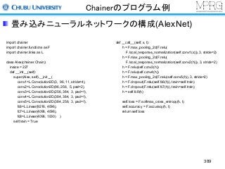Chainerのプログラム例
import chainer
import chainer.functions as F
import chainer.links as L
class Alex(chainer.Chain):
insize = 227
def __init__(self):
super(Alex, self).__init__(
conv1=L.Convolution2D(3, 96, 11, stride=4),
conv2=L.Convolution2D(96, 256, 5, pad=2),
conv3=L.Convolution2D(256, 384, 3, pad=1),
conv4=L.Convolution2D(384, 384, 3, pad=1),
conv5=L.Convolution2D(384, 256, 3, pad=1),
fc6=L.Linear(9216, 4096),
fc7=L.Linear(4096, 4096),
fc8=L.Linear(4096, 1000) )
self.train = True
def __call__(self, x, t):
h = F.max_pooling_2d(F.relu(
F.local_response_normalization(self.conv1(x))), 3, stride=2)
h = F.max_pooling_2d(F.relu(
F.local_response_normalization(self.conv2(h))), 3, stride=2)
h = F.relu(self.conv3(h))
h = F.relu(self.conv4(h))
h = F.max_pooling_2d(F.relu(self.conv5(h)), 3, stride=2)
h = F.dropout(F.relu(self.fc6(h)), train=self.train)
h = F.dropout(F.relu(self.fc7(h)), train=self.train)
h = self.fc8(h)
self.loss = F.softmax_cross_entropy(h, t)
self.accuracy = F.accuracy(h, t)
return self.loss
畳み込みニューラルネットワークの構成(AlexNet)
389
 