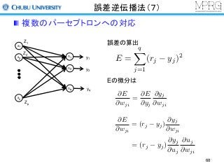 誤差逆伝播法（７）
複数のパーセプトロンへの対応
誤差の算出
E =
qX
j=1
(rj yj)2
Eの微分は
x1
x2
xn
n1
n2
nq
Z1
Z2
Zp
y1
y2
yq
@E
@wji
=
@E
@yj
@yj
@wji
@E
@wji
= (rj yj)
@yj
@wji
= (rj yj)
@yj
@uj
@uj
@wji
68
 