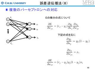 誤差逆伝播法（８）
複数のパーセプトロンへの対応
Eの微分の式について
下記の式を元に
@yj
@uj
= yj(1 yj)
@uj
@wji
= xi
@E
@wji
= (rj yj)
@yj
@uj
@uj
@wji
@E
@wji
= (rj yj)yj(1 yj)xi
x1
x2
xn
n1
n2
nq
Z1
Z2
Zp
y1
y2
yq
69
 