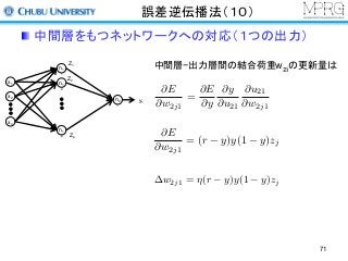 誤差逆伝播法（１０）
中間層をもつネットワークへの対応（１つの出力）
中間層−出力層間の結合荷重w２iの更新量は
@E
@w2j1
=
@E
@y
@y
@u21
@u21
@w2j1
x1
x2
xn
n1
1
n1
2
n1
p
n2
1
Z1
Z2
Zp
y1
@E
@w2j1
= (r y)y(1 y)zj
w2j1 = ⌘(r y)y(1 y)zj
71
 