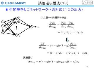 誤差逆伝播法（１３）
中間層をもつネットワークへの対応（１つの出力）
入力層ー中間層間の微分
更新量は
@u21
@w1ij
=
@u21
@zj
@zj
@w1ij
x1
x2
xn
n1
1
n1
2
n1
p
n2
1
Z1
Z2
Zp
y1
= w2j1zj(1 zj)xi
@E
@w1ij
= (r y)y(1 y)
@u21
@w1ij
= (r y)y(1 y)w2j1zj(1 zj)xi
w1ij = ⌘(r y)y(1 y)w2j1zj(1 zj)xi
74
 