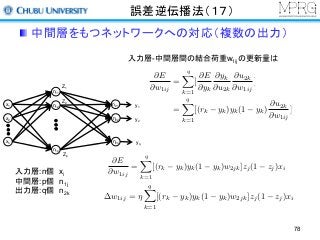 誤差逆伝播法（１７）
中間層をもつネットワークへの対応（複数の出力）
入力層-中間層間の結合荷重w1ijの更新量は
入力層:n個 xi
中間層:p個 n1j
出力層:q個 n2k
@E
@w1ij
=
qX
k=1
[
@E
@yk
@yk
@u2k
@u2k
@w1ij
]
x1
x2
xn
n11
n12
n1p
n21
n22
n2q
Z1
Z2
Zp
y1
y2
yq
=
qX
k=1
[(rk yk)yk(1 yk)
@u2k
@w1ij
]
@E
@w1ij
=
qX
k=1
[(rk yk)yk(1 yk)w2jk]zj(1 zj)xi
w1ij = ⌘
qX
k=1
[(rk yk)yk(1 yk)w2jk]zj(1 zj)xi
78
 
