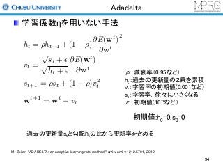Adadelta
学習係数ηを用いない手法
st+1 = ⇢st + (1 ⇢)v2
t
wt+1
= wt
vt
vt =
p
st + ✏
p
ht + ✏
@E(wt
)
@wt
ht = ⇢ht 1 + (1 ⇢)
@E(wt
)
@wt
2
過去の更新量stと勾配htの比から更新率をきめる
初期値:h0=0,s0=0
ρ：減衰率（0.95など）
ht：過去の更新量の２乗を累積
vt：学習率の初期値(0.001など)
st：学習率，徐々に小さくなる
ε：初期値(10-6など）
M. Zeiler, "ADADELTA: an adaptive learning rate method." arXiv arXiv:1212.5701, 2012
94
 