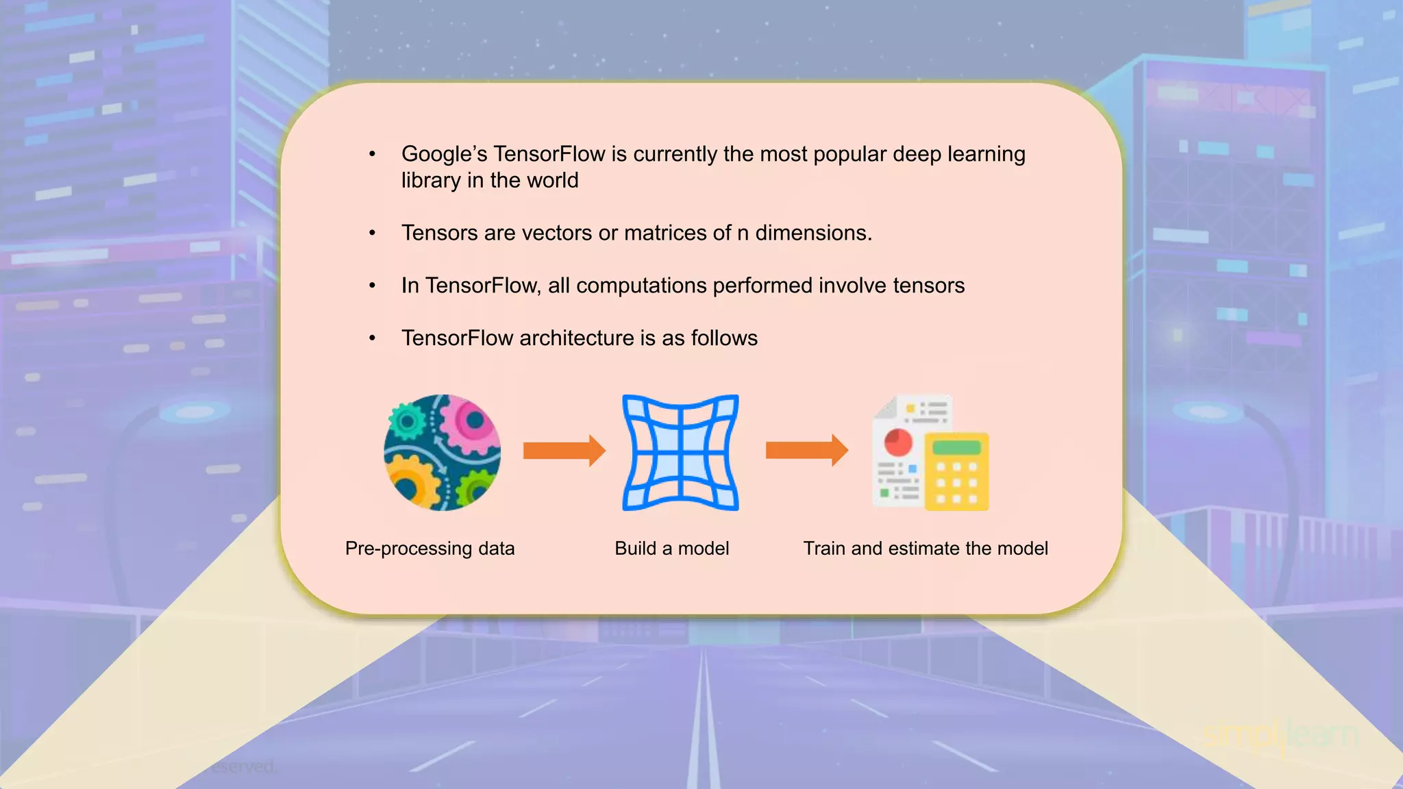 • Google’s TensorFlow is currently the most popular deep learning library in the world • Tensors are vectors or matrices of n dimensions. • In TensorFlow, all computations performed involve tensors • TensorFlow architecture is as follows Pre-processing data Build a model Train and estimate the model 