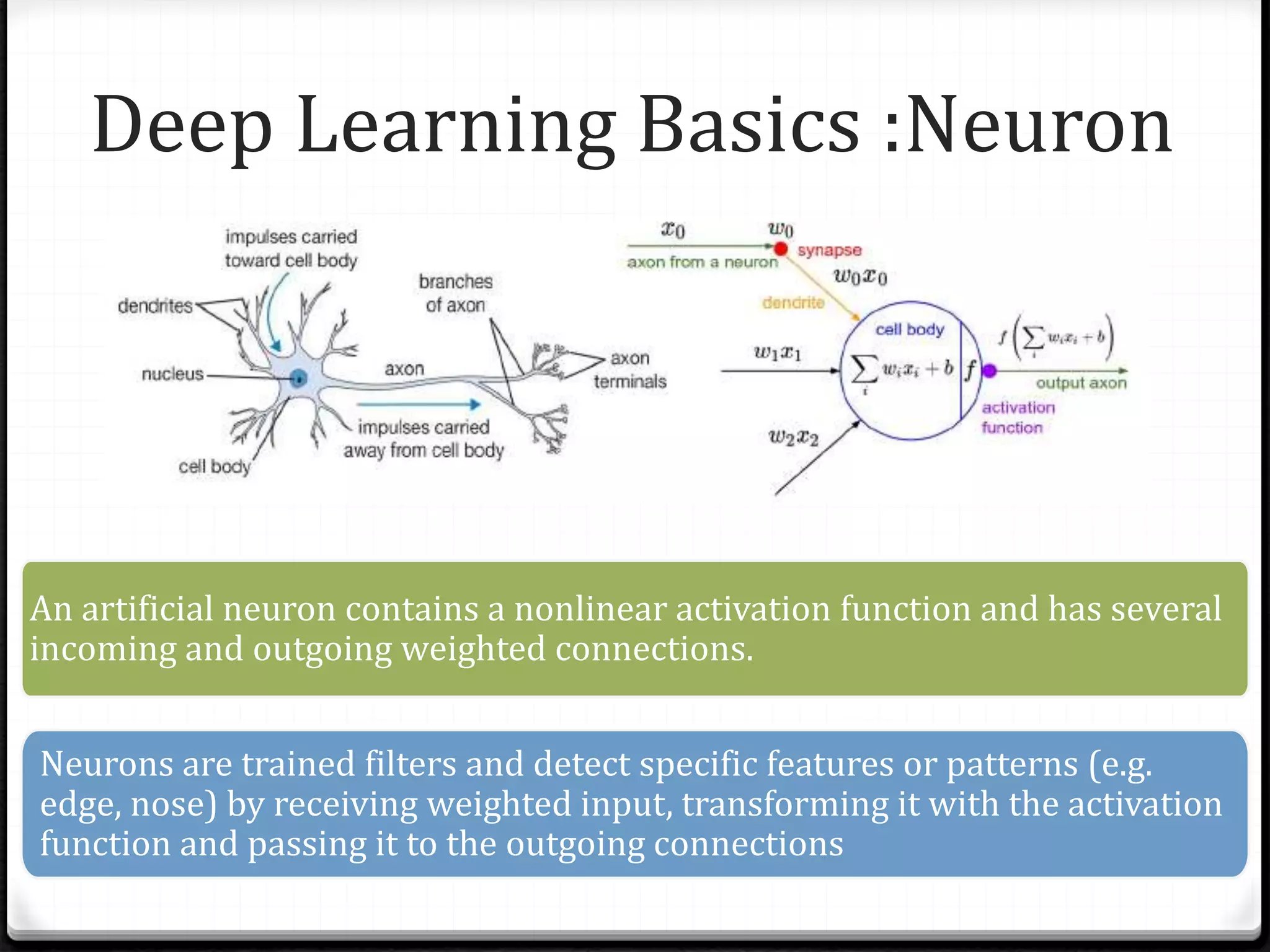 Deep Learning Basics :Neuron
An artificial neuron contains a nonlinear activation function and has several
incoming and outgoing weighted connections.
Neurons are trained filters and detect specific features or patterns (e.g.
edge, nose) by receiving weighted input, transforming it with the activation
function and passing it to the outgoing connections
 