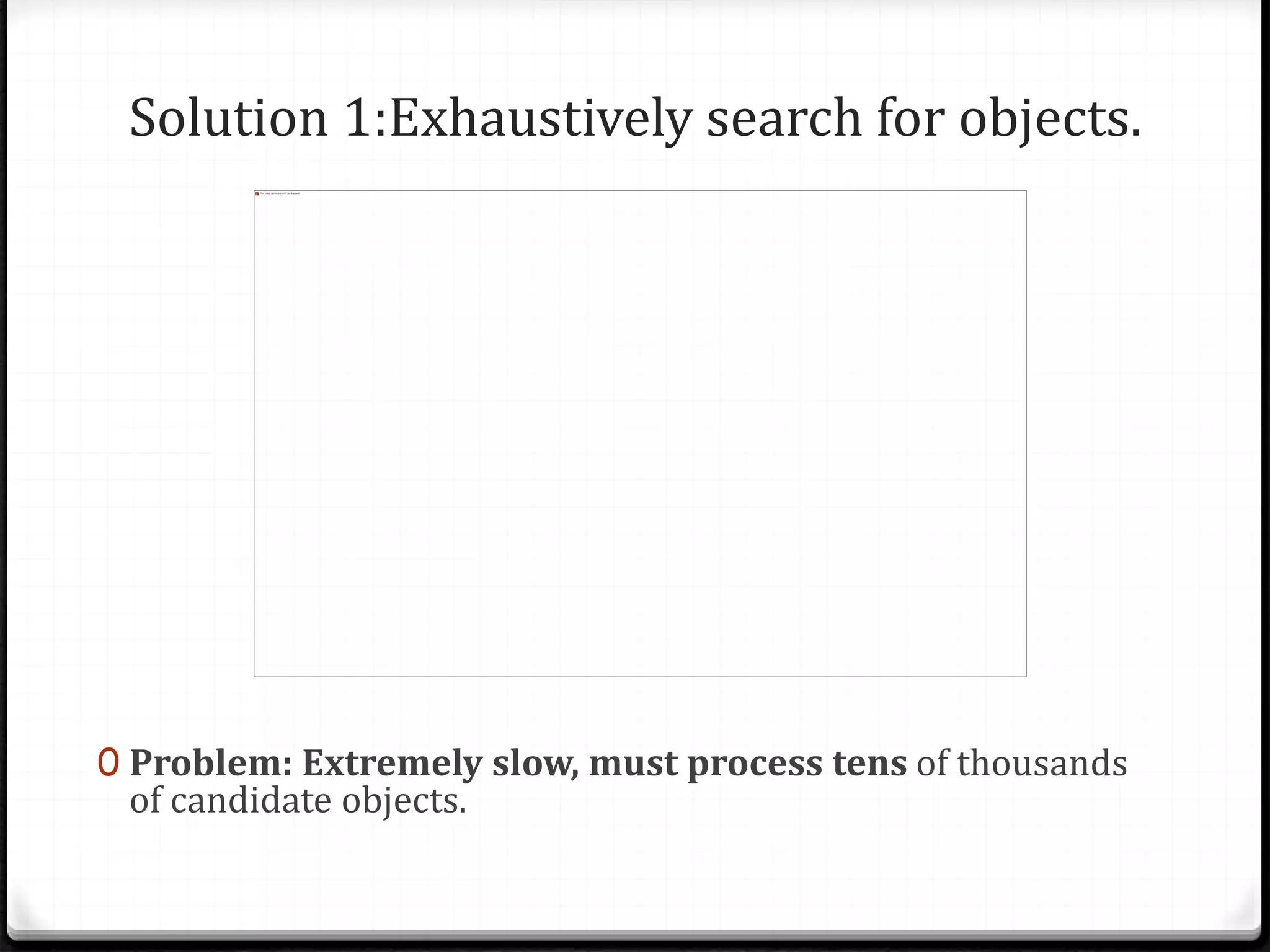 Solution 1:Exhaustively search for objects.
0 Problem: Extremely slow, must process tens of thousands
of candidate objects.
 