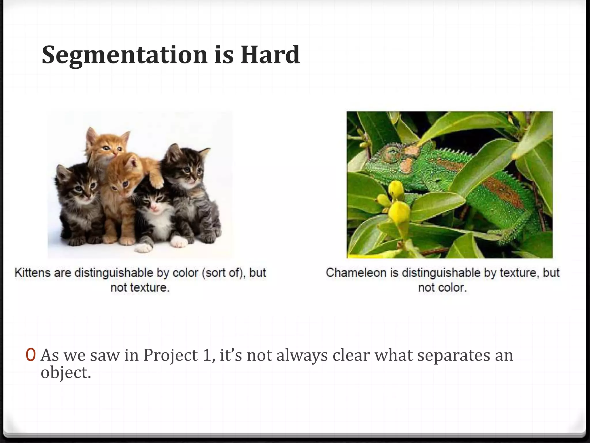 Segmentation is Hard
0 As we saw in Project 1, it’s not always clear what separates an
object.
 