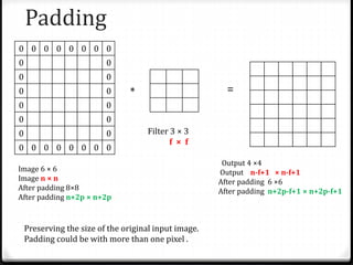Padding
00000000
00
00
00
00
00
00
00000000
Image 6 × 6
Image n × n
After padding 8×8
After padding n+2p × n+2p
*
Filter 3 × 3
f × f
=
Output 4 ×4
Output n-f+1 × n-f+1
After padding 6 ×6
After padding n+2p-f+1 × n+2p-f+1
Preserving the size of the original input image.
Padding could be with more than one pixel .
 