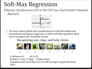 Soft-Max Regression
0 Binary classification CAT or NO CAT (use Hard limiter Unipolar
, Bipolar).
• For more classes (Multi-class classification) use Soft-Max Regression.
• Generalization of logistic regression is called Soft-Max regression allow
you to recognize one of multiple classes.
C=#classes=4 (0,1,2,3)
0 Others ,1 Cats ,2 Dogs ,3 Baby chicks.
Standard model to do that is to use soft max layer to generate these
O/Ps.
 