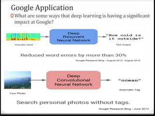 Google Application
0 What are some ways that deep learning is having a significant
impact at Google?
 