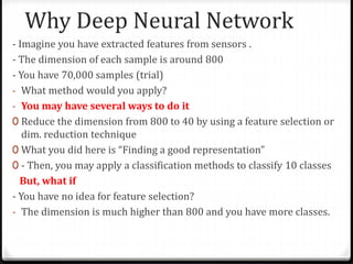 Why Deep Neural Network
- Imagine you have extracted features from sensors .
- The dimension of each sample is around 800
...