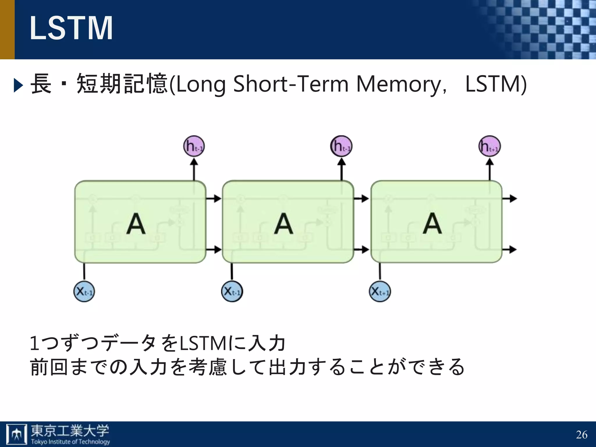 26
LSTM
長・短期記憶(Long Short-Term Memory，LSTM)
1つずつデータをLSTMに入力
前回までの入力を考慮して出力することができる
 