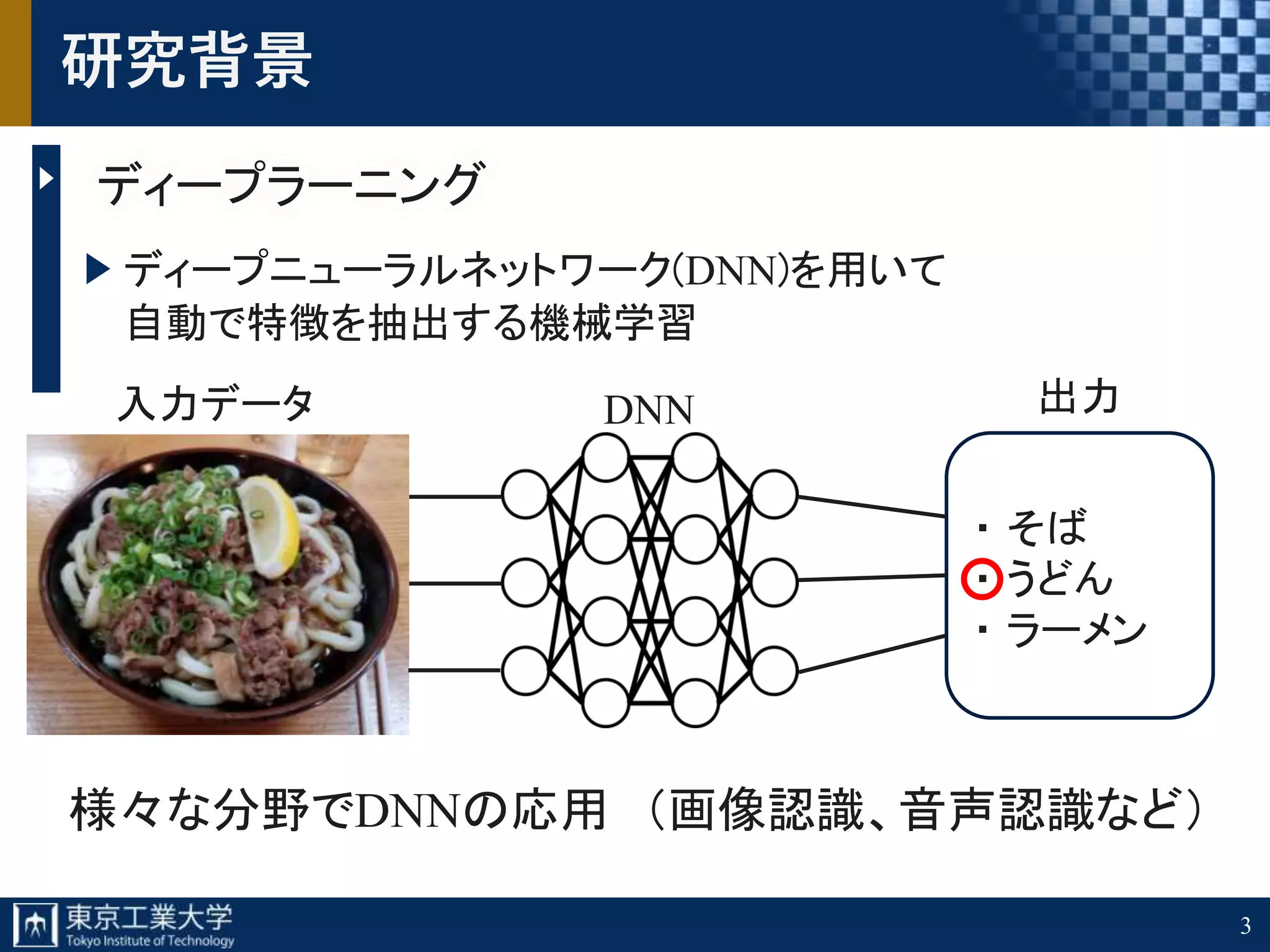 3
研究背景
ディープラーニング
ディープニューラルネットワーク(DNN)を用いて
自動で特徴を抽出する機械学習
・ そば
・ うどん
・ ラーメン
様々な分野でDNNの応用 （画像認識、音声認識など）
DNN入力データ 出力
 